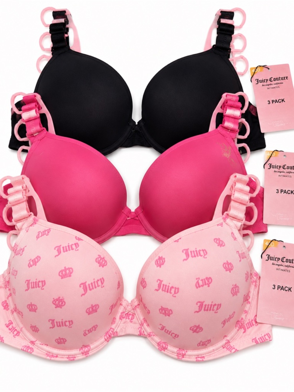 Juicy Couture 3 Pack Bras 40D Pink Black Logo Underwire Padded NWT MSRP $64